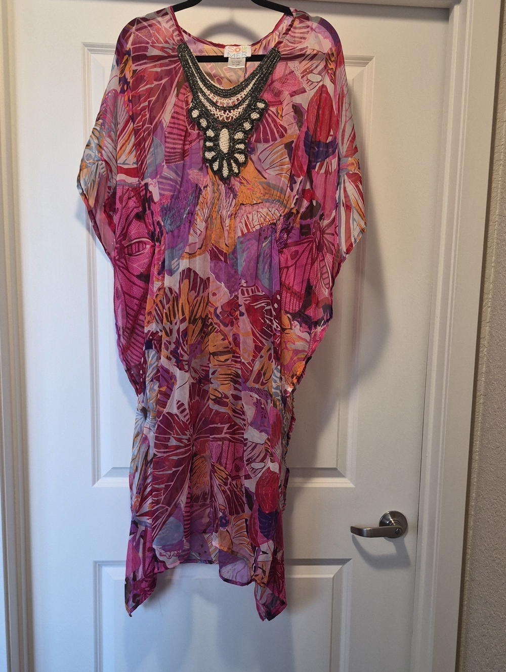 Boho Embellished Pink Floral Sheer Coverup